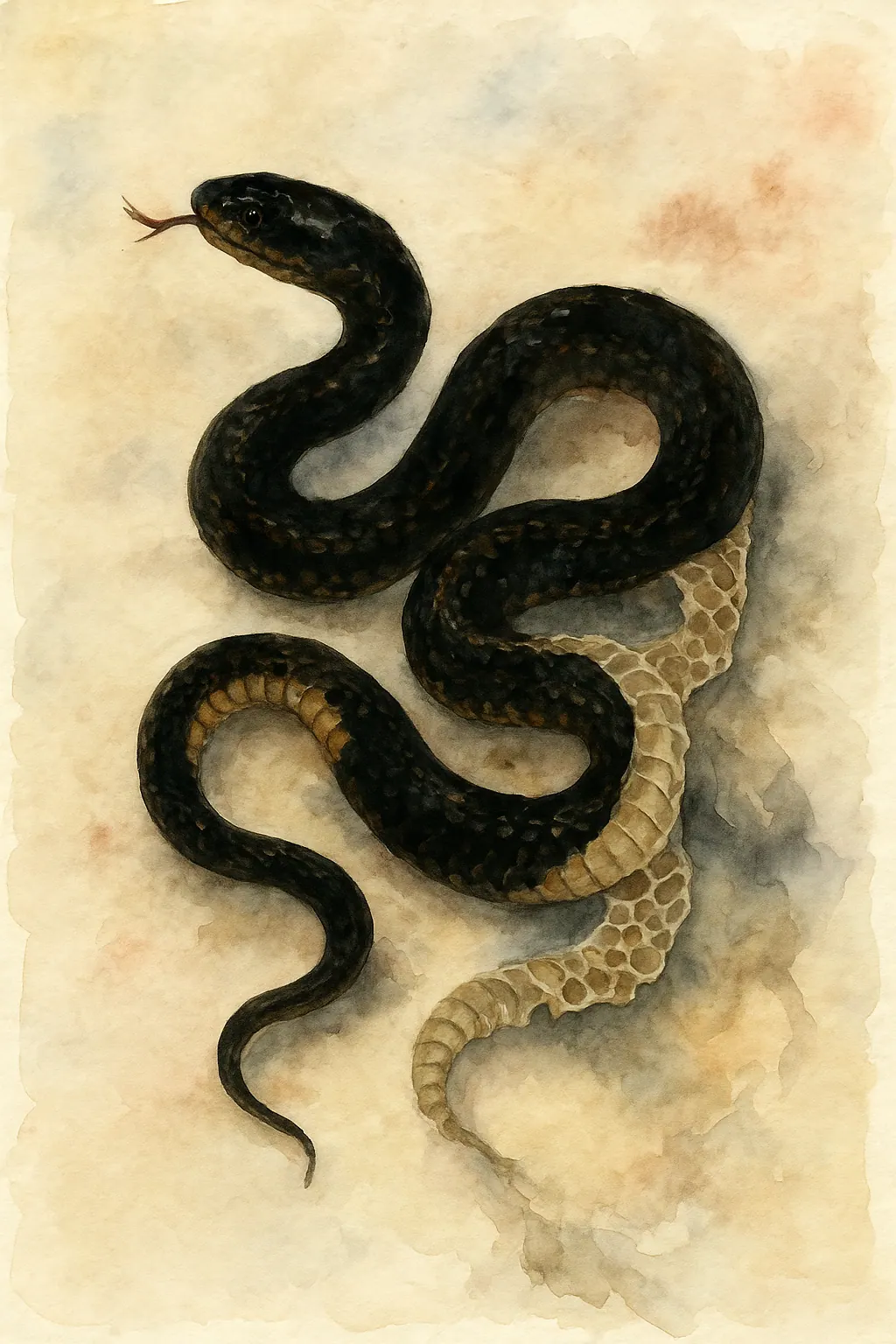 Watercolour painting of a black snake shedding its skin