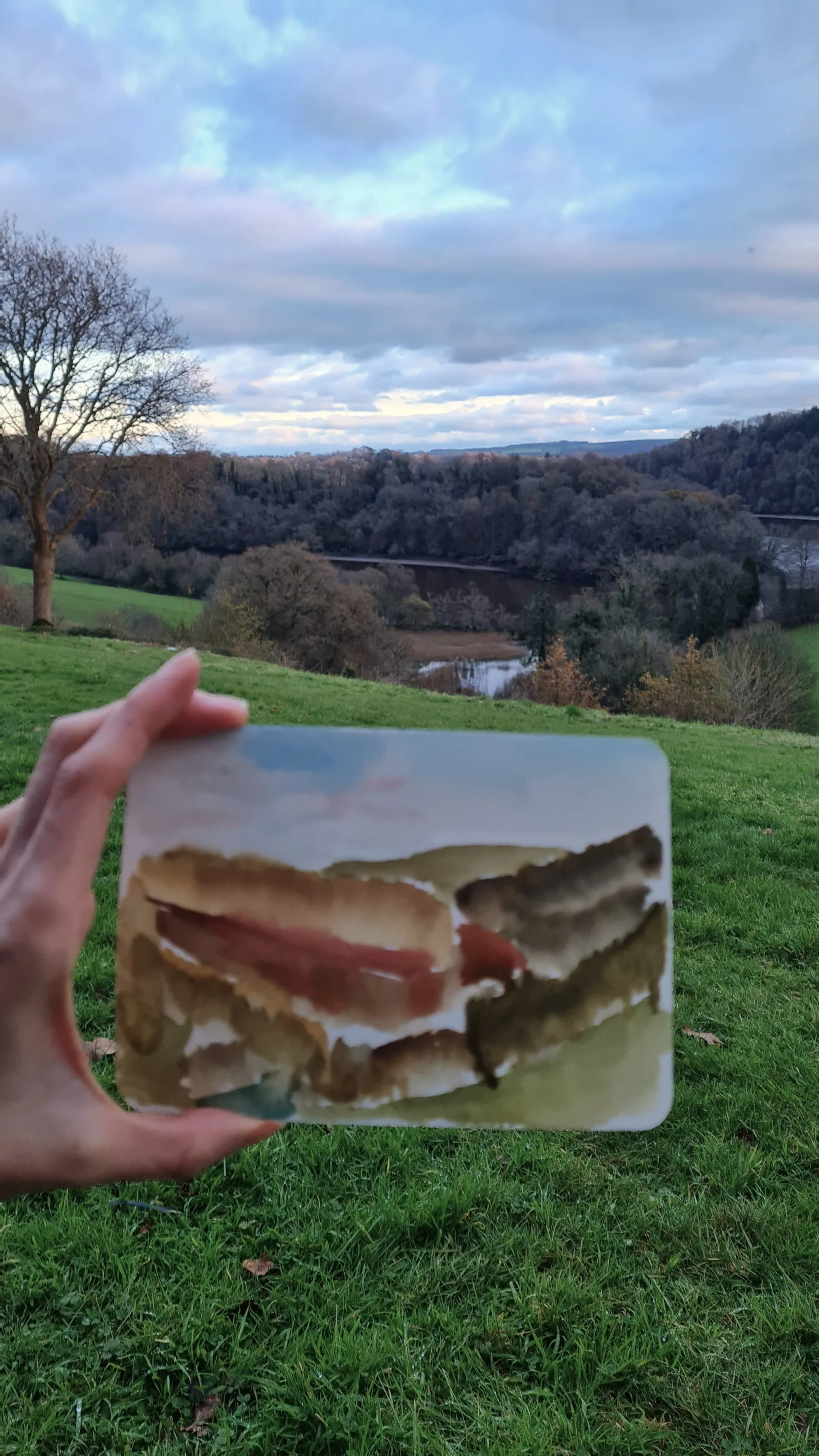 A hand holding a small earth-toned watercolour in front of a wooded valley with a bare tree and cloudy sky