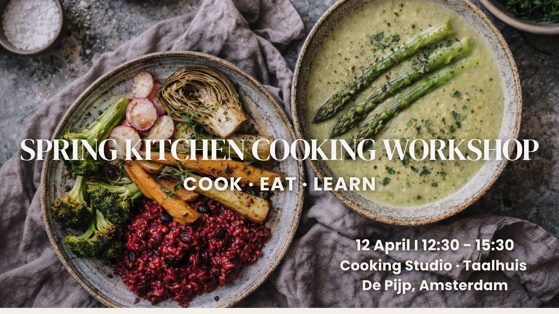 Event poster 'Spring Kitchen Cooking Workshop – Cook, Eat, Learn', 12 April, 12:30–15:30, Cooking Studio Taalhuis, De Pijp, Amsterdam