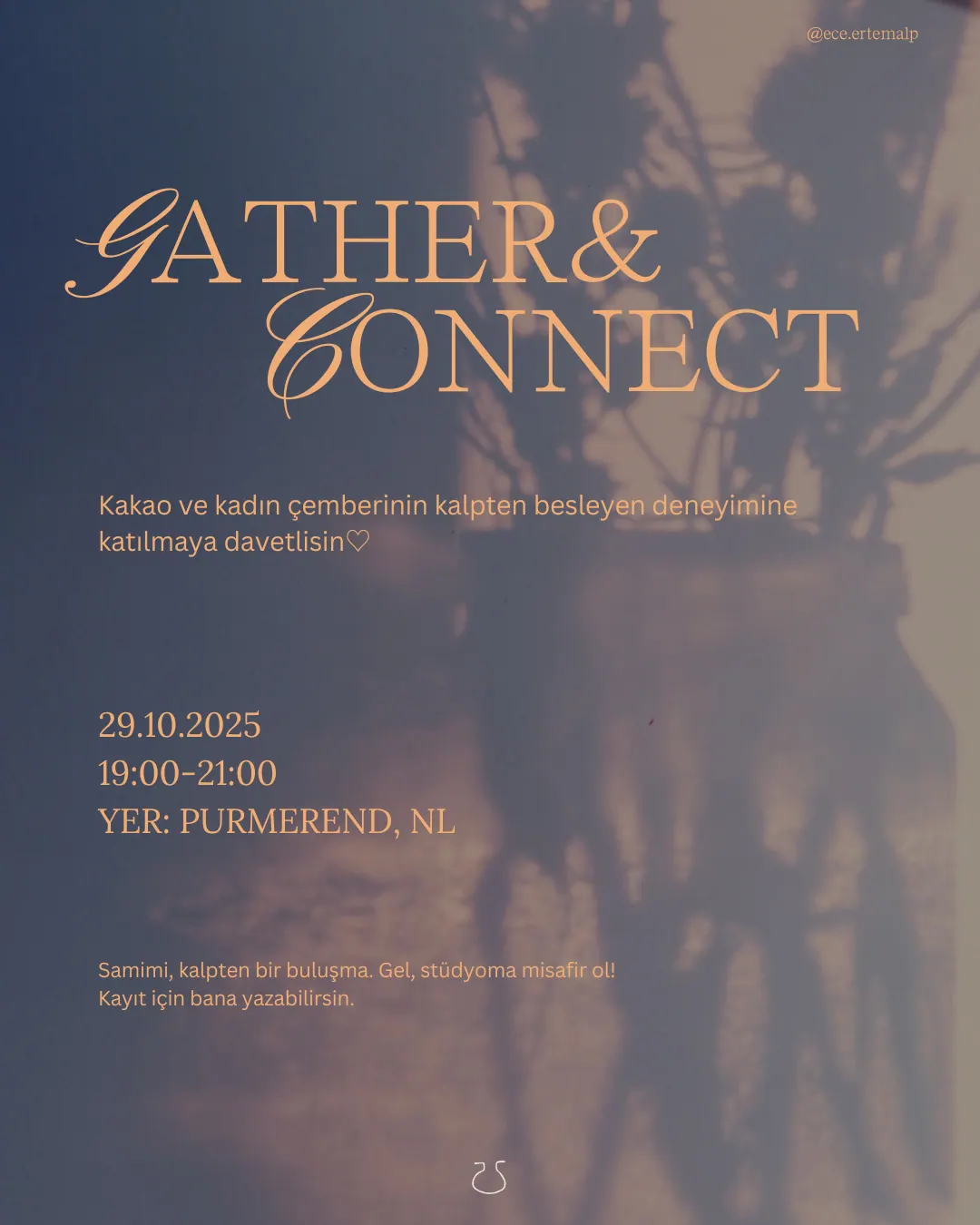 Event poster 'Gather & Connect', a women's circle with cacao, 29.10.2025, 19:00–21:00, Purmerend